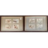 Two framed sets of four 19th century hand coloured mezzotint studies of fox and hounds, each print