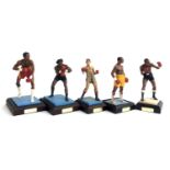A set of five boxing figures by Endurance Ltd, each on stand, including Thomas Hearns, Nigel Benn,