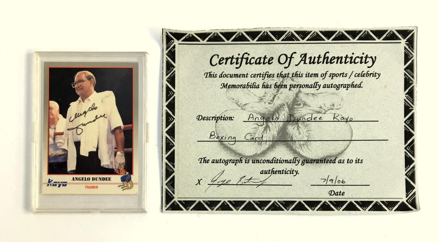 Boxing interest, a signed Angelo Dundee Kayo boxing card, together with certificate of authenticity