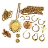 A 1958 9ct gold sovereign on chain together with other 9ct chains, 9ct gold pendant featuring the