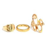 A 22ct wedding band, 5.9g, size O; 9ct gold signet ring, 2.9g, size K; and 9ct gold dress ring 6g,