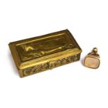 A 9ct gold (tested no mark) fob seal, 11.4g gross weight; together with brass hinged stamp box