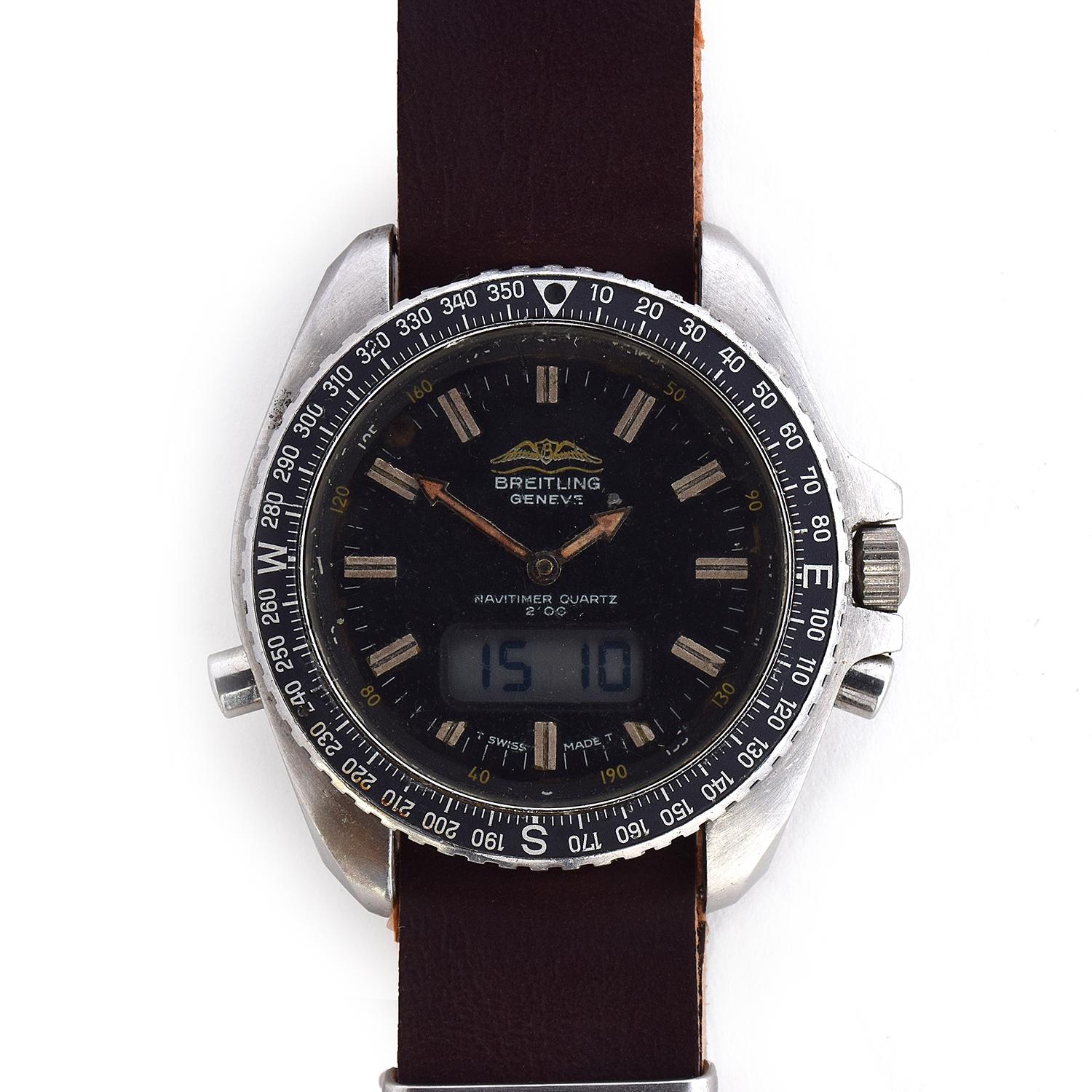 A BREITLING STAINLESS STEEL QUARTZ NAVITIMER WRIST WATCH CIRCA 1970s, raised double baton marker,