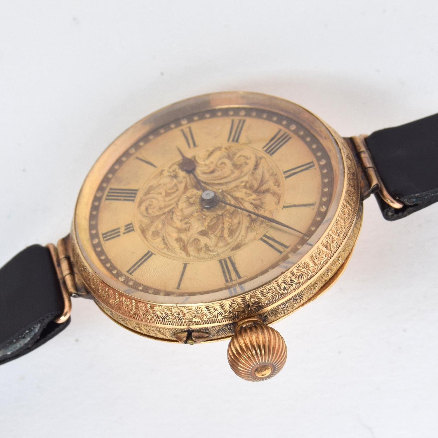 AN 18CT GOLD CONVERTED FOB WATCH Champagne dial with floral engraving to centre, painted Arabic - Image 2 of 3