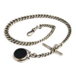 A graduated single Albert silver watch chain with agate fob, marked Birmingham 1898