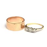 A 9ct gold wedding ring, size M, 4.5g, together with a 3 diamond 18ct gold ring, 2.2g, size K.5