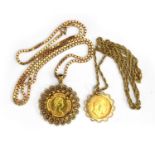 Two 9ct gold half sovereigns on 9ct chains, one 1908, the other 1982, gross weight approx 32g