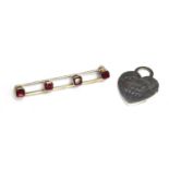 A bar brooch set with four rubies; together with a Tiffany heart charm marked 'Please Return To