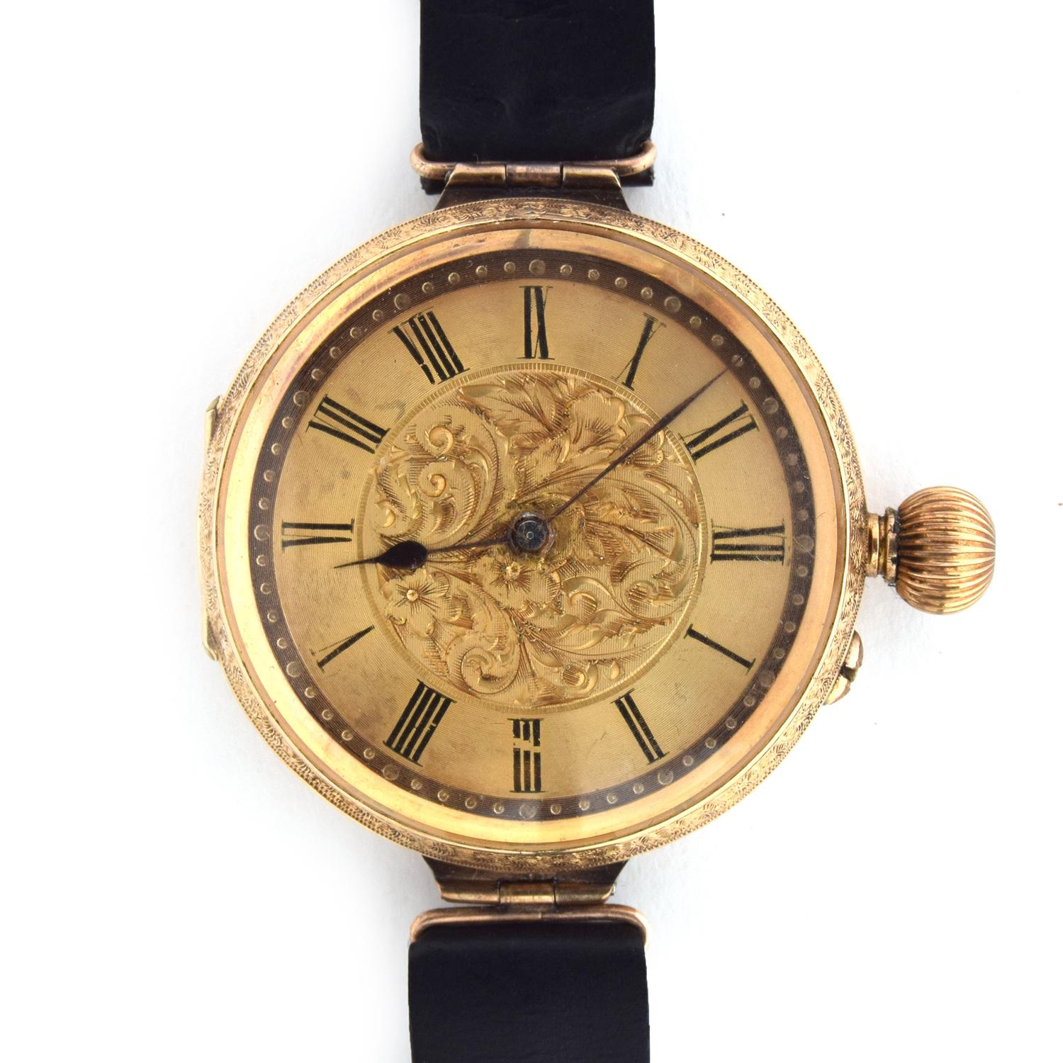 AN 18CT GOLD CONVERTED FOB WATCH Champagne dial with floral engraving to centre, painted Arabic
