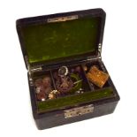 A crocodile skin jewellery box containing various interesting items including marcasite buttons, a