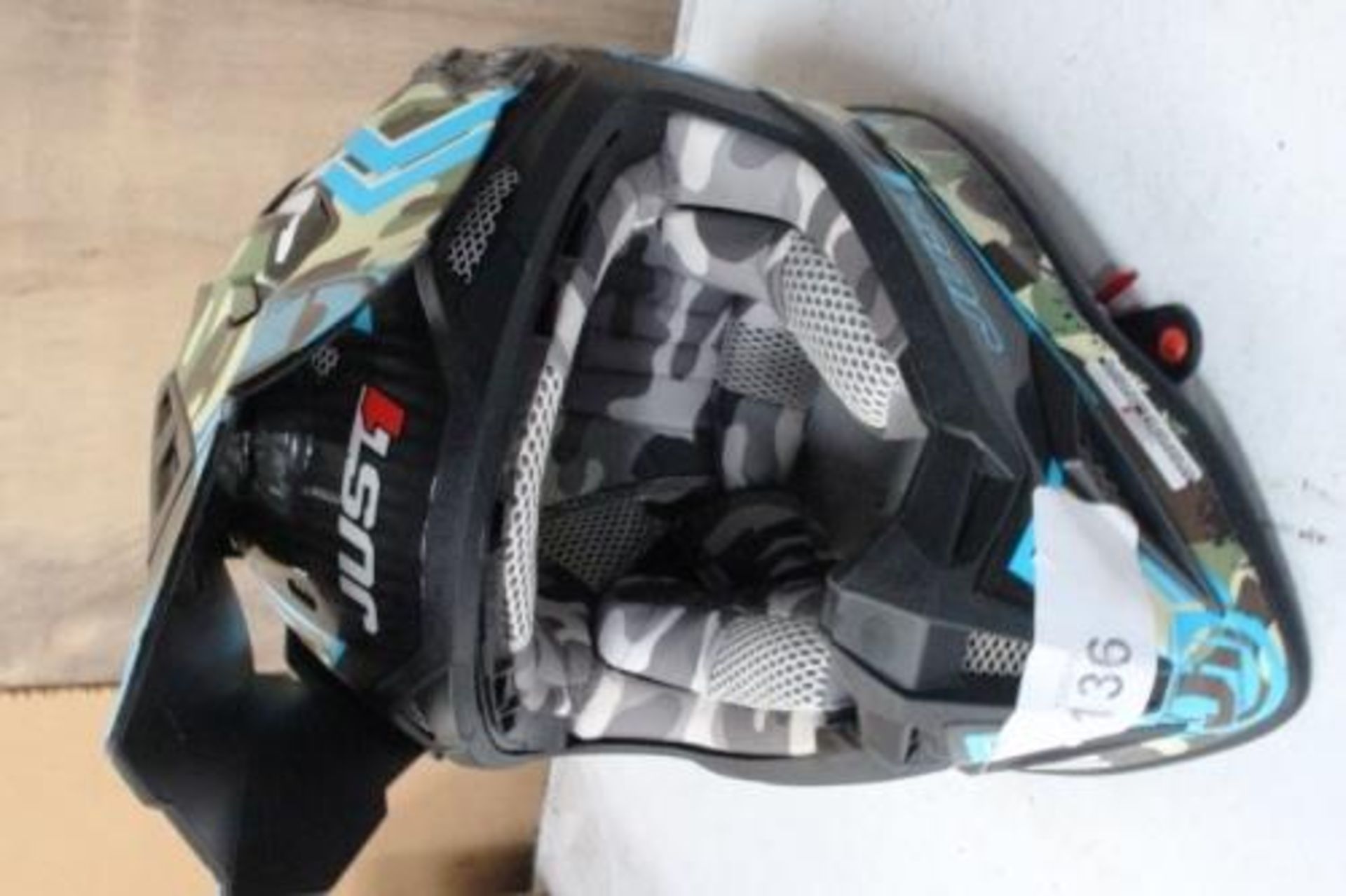 1 x second hand Just1 J12 full carbon fibre motor X helmet, colour camo/blue, size M, weight 58g,