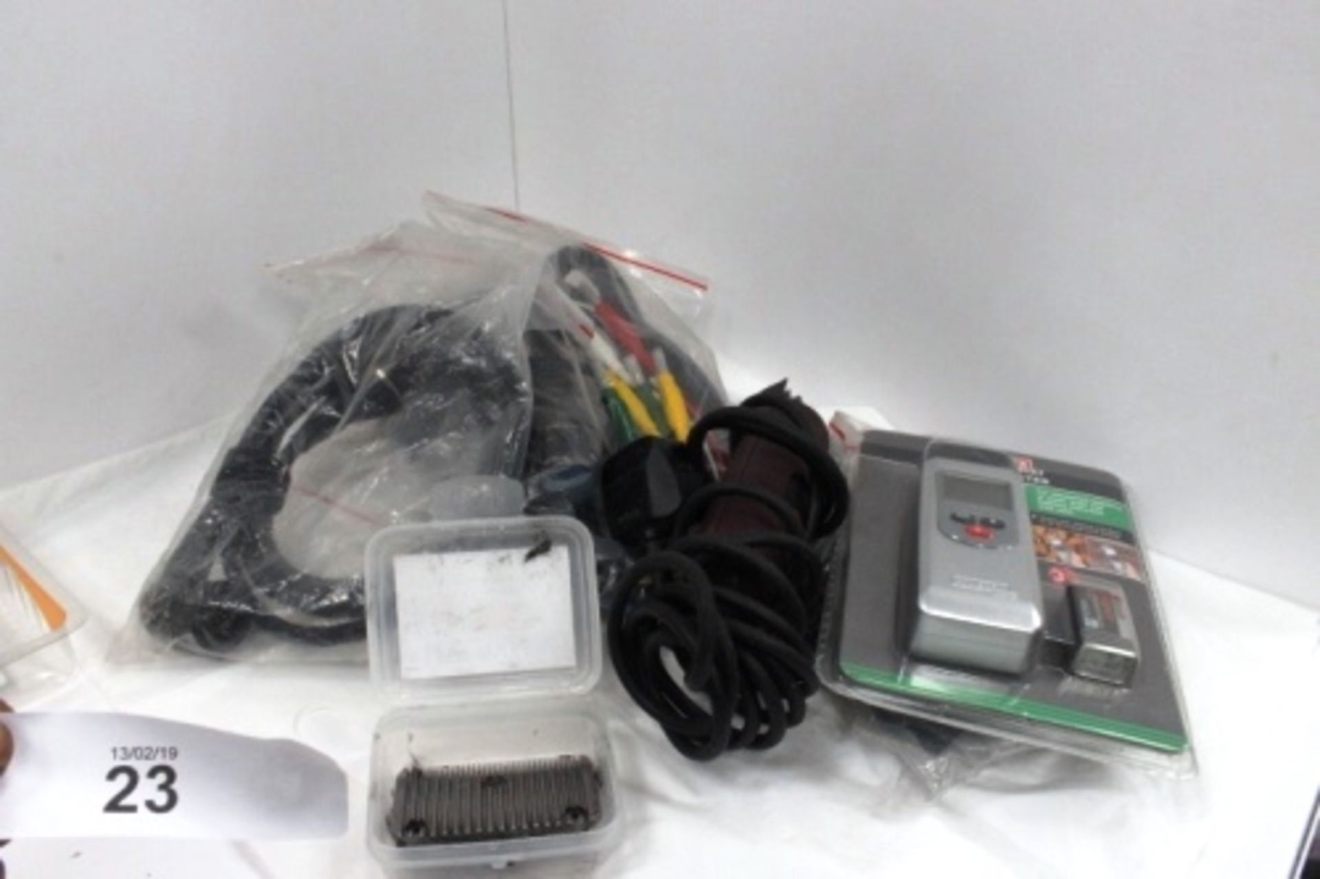 A small electrical lot including Power Fix moisture meter, Actia multi-pin extension cables and