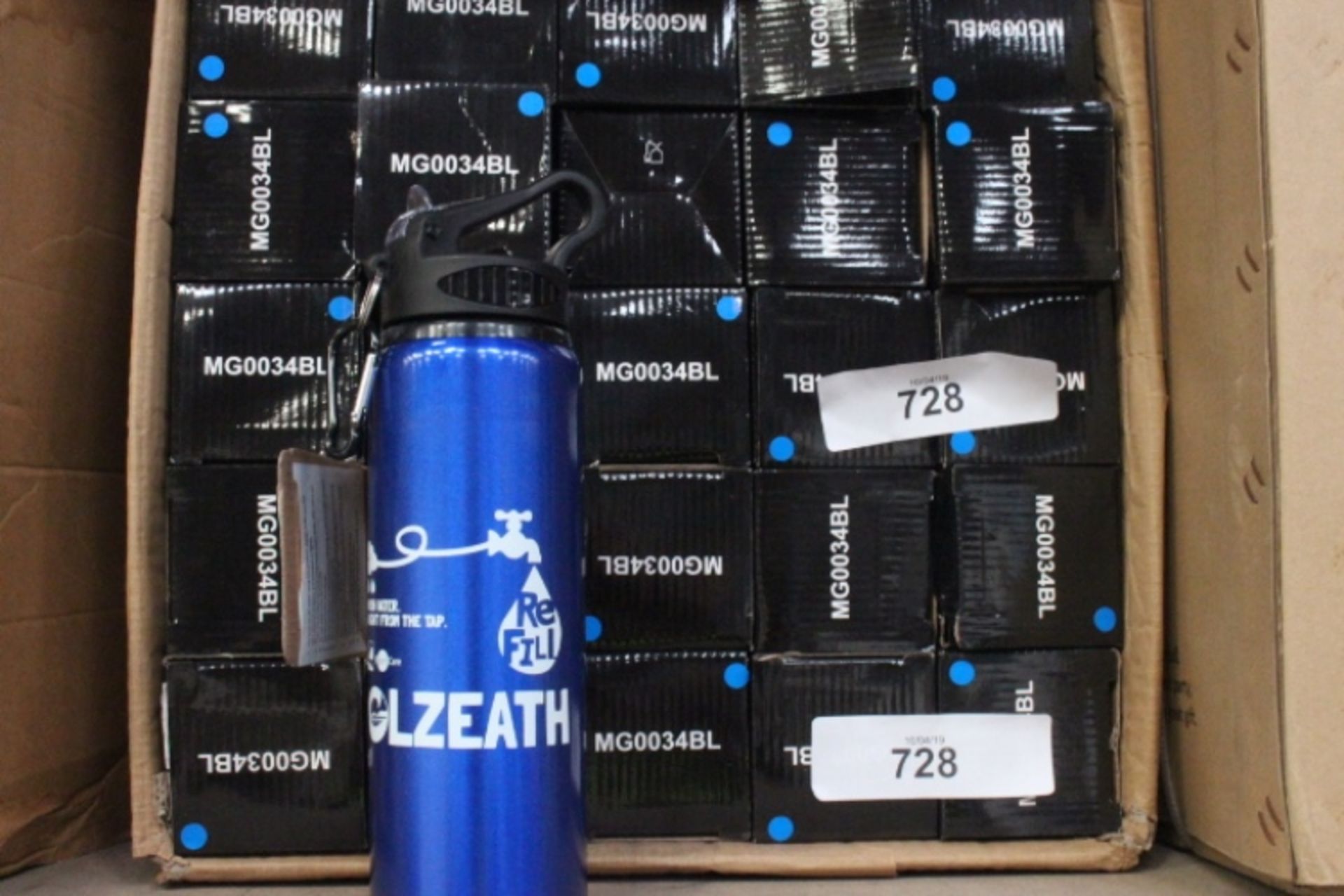 50 x blue metal sports water bottles with Cornish Water Polzeath printed on side, Ref: MG0034BL -