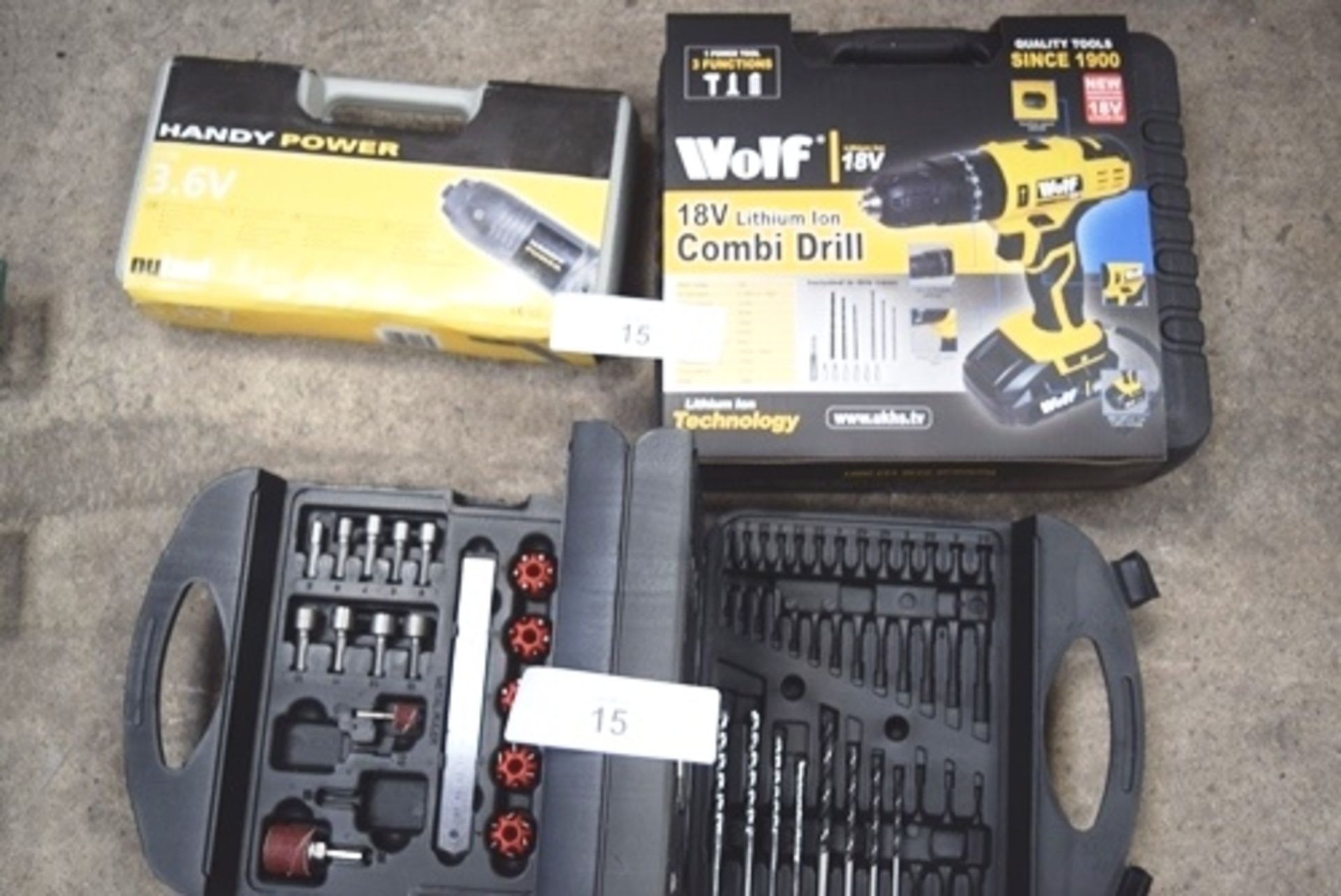 Assorted tools comprising Mylek drill bits, Nutool handy 3.6V power, 1 x Wolf cordless 18V drill (
