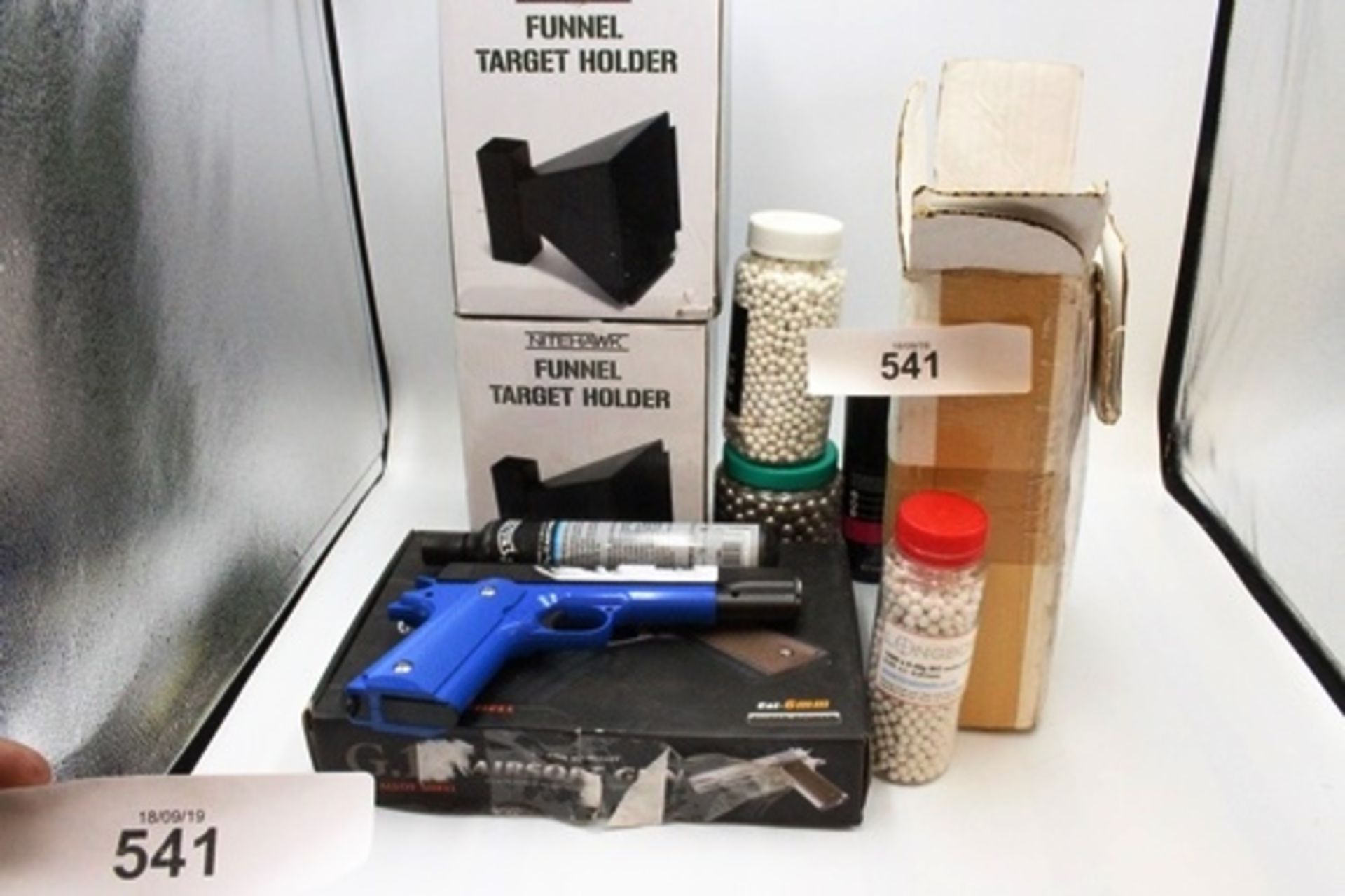 An Airsoft shooting lot including G13 gun, Nite Hawk target holders and BB's - New (FC3)