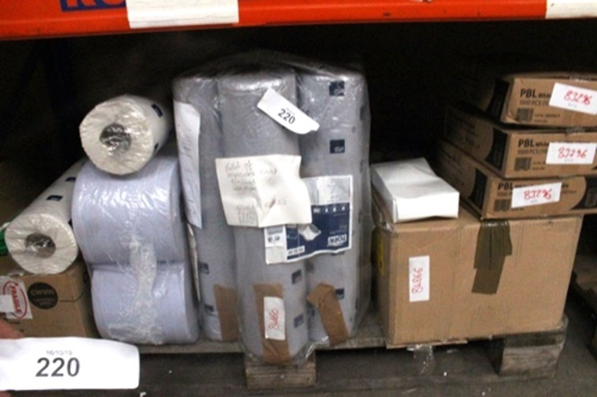 A pallet containing cleaning disposables including tissues, Wet Wipes, blue roll and 8 x paper