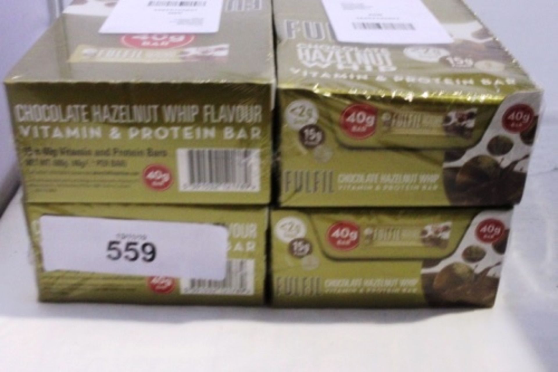 4 x boxes each containing 15 x bars of Fulfil Chocolate Hazelnut Whip protein bars, expiry 06/