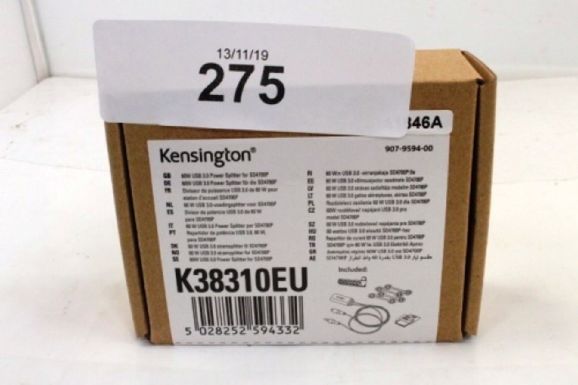 1 x Kensington 60W USB 3.0 power splitter, model K38310EU, RRP £38.00 - Sealed new in box (C1)