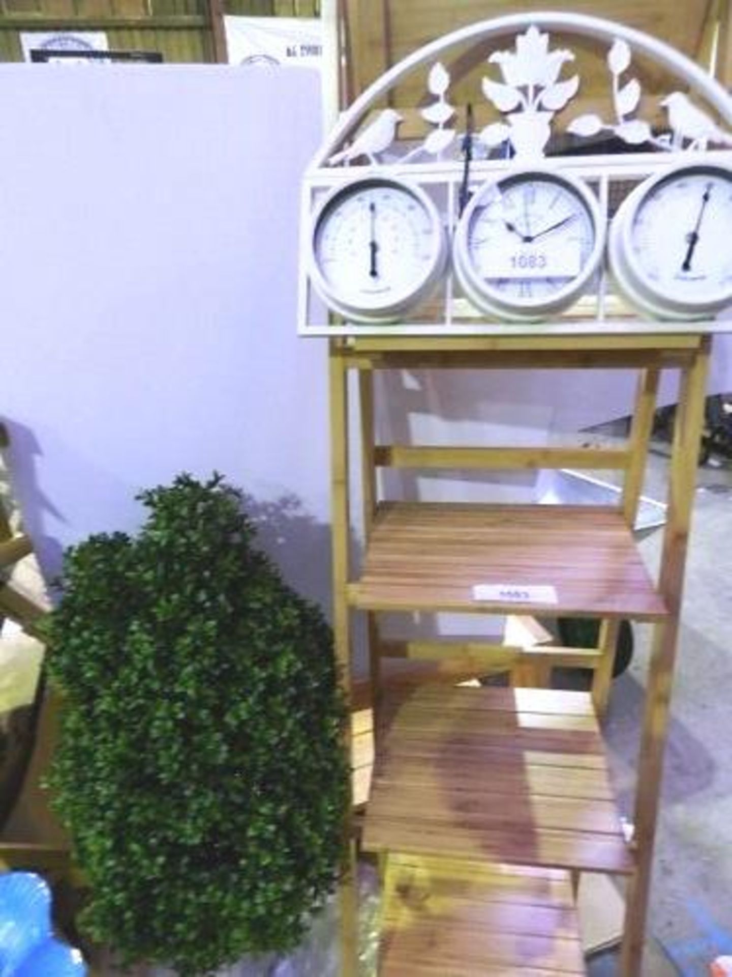A polished wood 5 tier display stand and reproduction weather station (GSF1)