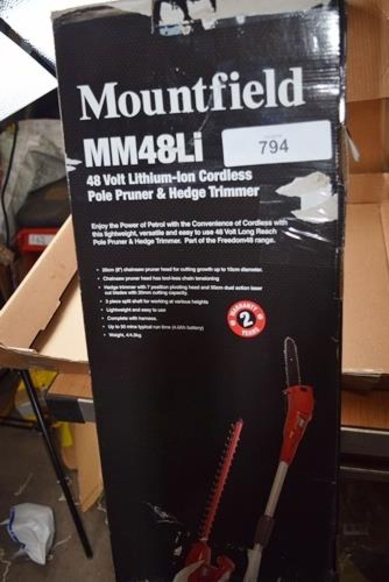 1 x Mountfield 48V lithium ion cordless pole pruner and hedge trimmer, model MM48Li, battery and