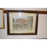 An oak framed watercolour landscape study depictin