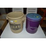 A glazed bread crock and a bread bin