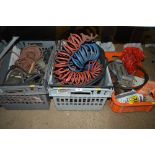 Three plastic crates and various tools, rope, pull