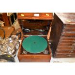 An oak cased table top gramophone