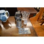 Two glass vases,a silver plated jug, a pewter tan