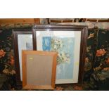 Three various oak framed prints and a picture fram