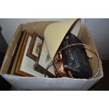 A box of various prints; a copper table lamp and a