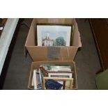 Two boxes of various pictures and prints