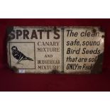 A "Spratts Canary Mixture and Budgerigar Mixture" enamel sign, 24" x 12" approx.