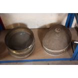 Two brass sieves and three metal food covers