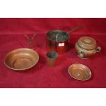 A copper saucepan, copper and brass jug, AF and a