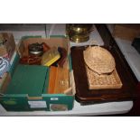 A box containing wooden fishing reel; large woode