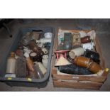 Two trays of stoneware and glass bottles and jars