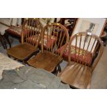 Three elm seated stick back kitchen chairs