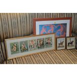 A set of four small gilt framed prints depicting solders on horse back and two other prints includin
