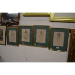 Four gilt framed black and white engravings depict