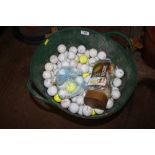 A container of golf balls and tees