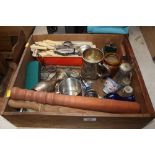 A wooden drawer of various cutlery; a silver plate