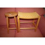 A pine stool together with a string topped stool