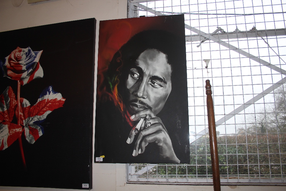 A print on canvas depicting Bob Marley