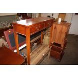 A reproduction yew wood hall table fitted two draw