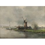 Alfred W Saunders, "Broadland Dredger", signed oil on board, 20cm x 27cm