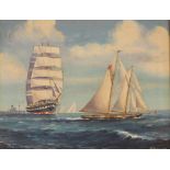 Tom Lewsey act. 1940-1967, "The Ages of Steam and Sail", oil on canvas laid on board, signed, 36cm x