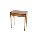 A pair of mahogany cross banded and boxwood strung side tables,  fitted single drawers raised on