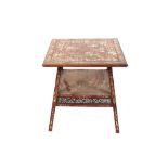 A Chinese hardwood and ivory inlaid two tier occasional table, decorated figures, buildings and