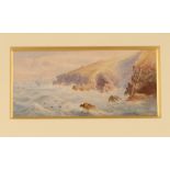 Elliott, study of rough seas on rocky coastline at Newquay, signed watercolour, 18cm x 38cm